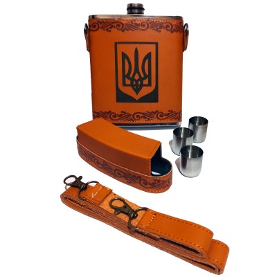 Подарочный набор Фляга с гербом Украины в кожаном чехле (18oz / ~530 мл) D630