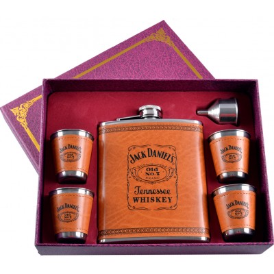 Подарочный набор 6в1 фляга (обтянута кожей), 4 рюмки, лейка Jack Daniels TZ-7 Светлый