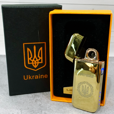 Дуговая электроимпульсная USB зажигалка ⚡️Герб Украины (индикатор заряда