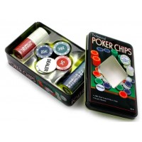 Покерный набор с номиналом на 100 фишек в металлической коробке.