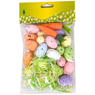 Набор цветных пасхальных яиц 3 х 2см с морковкой и бумажным наполнителем, 24шт/уп