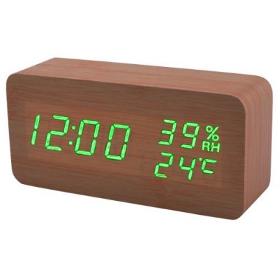 Часы сетевые VST-862S-4 зеленые, (корпус коричневый) температура, влажность, USB