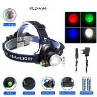 Фонарь налобный PLD-V9-F-4XPE(RGB), 2x18650, ЗУ 220V/12V, zoom, Box