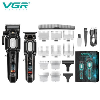 Комплект VGR 2 в 1 V-600&900 BLACK, аккумуляторная машинка для стрижки (clipper) и триммер, 10 насадок, LED