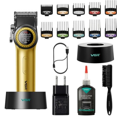 Аккумуляторная машинка для стрижки (clipper) VGR V-001 GOLD, 10 насадок, 9000 RPM, 4600 mAh, LED light, LED