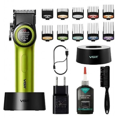 Аккумуляторная машинка для стрижки (clipper) VGR V-001 GREEN, 10 насадок, 9000 RPM, 4600 mAh, LED light, LED