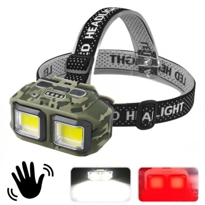 Фонарь налобный HX-M816S-2COB(white+red) camouflage, Motion Sensor, Waterproof, 1x18650, ЗУ Type-C, Box