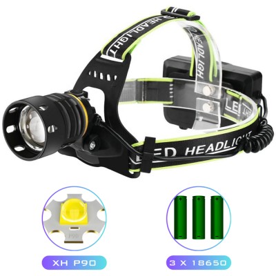 Фонарь налобный BL-A14-3-P90, Power Bank, 3x18650, zoom, ЗУ Type-C, Box