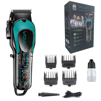 Аккумуляторная машинка для стрижки (clipper) VGR V-692 GREEN, 4 насадки, LED display