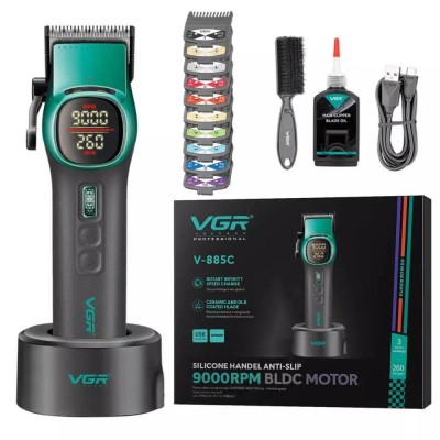 Аккумуляторная машинка для стрижки (clipper) VGR V-885C GREEN, 10 насадок, LED display