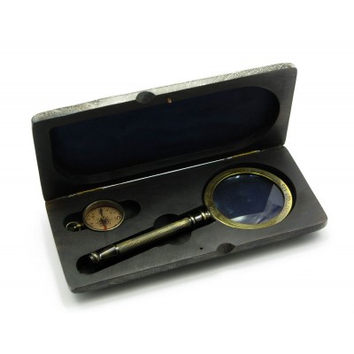 Лупа с компасом в деревянном футляре (23,5х11х4 см)(Brass,Wood Kit Box with Compass & Magnifier) код 28236