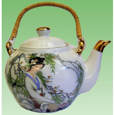 Чайник фарфор с бамбуковой ручкой (750мл.)(TPR172) "Китаянка под ивой" (24 шт. в ящ.) код 29100