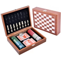 Игровой набор шахматы/покерные фишки/карты (2 колоды) /кости, деревянная коробка №2518A