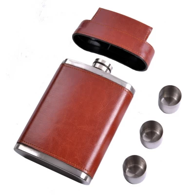 Фляга из нержавеющей стали обтянутая кожей/4 стопки №BZ-11-2