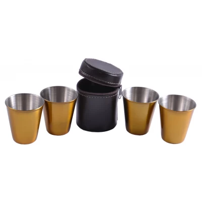 Рюмки из нержавеющей стали в кожаном чехле (Золото, 4 шт) №PQ-01 Ср