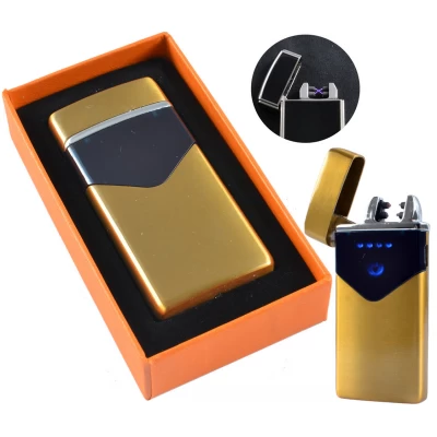 Электроимпульсная USB Зажигалка подарочная две молнии, индикатор заряда HL-223 Gold Wire Drawing