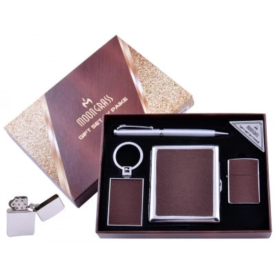 Подарочный набор 4в1 Moongrass Портсигар/Зажигалка/Ручка/Брелок (Кожа) №AL-204E