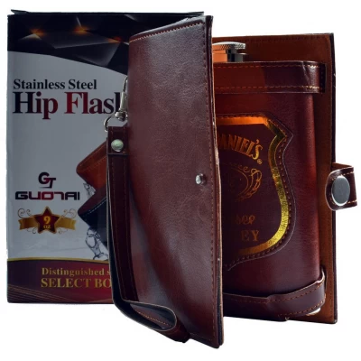 Фляга из пищевой нержавеющей стали в кожаной барсетке PJ-2