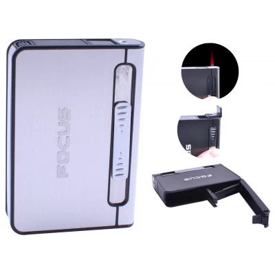 Портсигар + зажигалка на 12 сигарет FOCUS (Турбо пламя) №4939 Silver