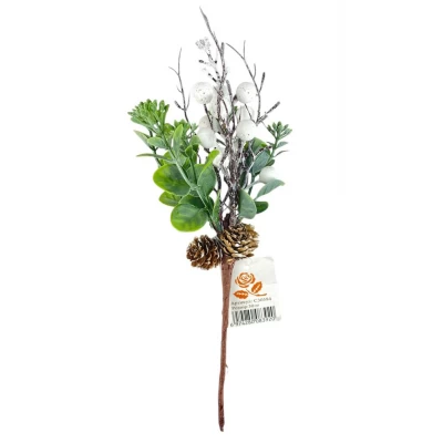 Новогодняя ветка с ягодками 30 см, зеленая с белыми ягодками (c30584)