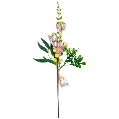 Новогодняя ветка с ягодками 32 см, зеленая с цветными шариками (с30594)