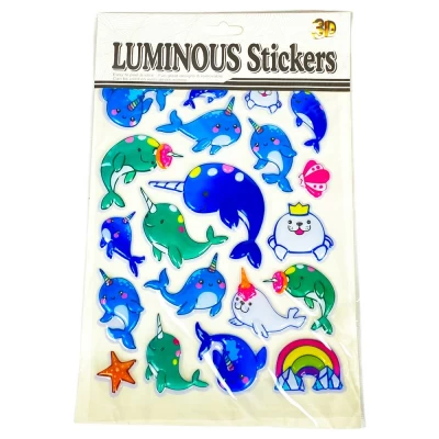 Наклейка пластиковая рельефная флуоресцентная, 10 х 30см Единороги и Дельфины (Y-Q007)
