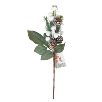 Новогодняя ветка с ягодками 30 см, зеленая с белыми ягодками (с30585)