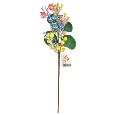 Новогодняя ветка с ягодками 38 см, зеленая с цветными шариками (с30593)