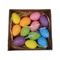 Набор цветных пасхальных яиц 5 х 3см  с глиттером- 12шт с лентой (L00534)