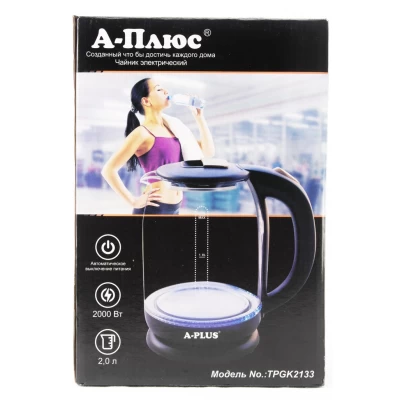 Электрочайник 2.0л.Дисковый,Стекло A-PLUS 2133
