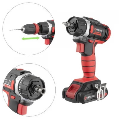 Дрель-шуруповерт аккумуляторная Li-Ion 18 В, 25 Nm, 0-400/0-1500 об/мин, 2x2.0 Ач, быстрая зарядка 1 ч, съемный патрон INTERTOOL WT-0317