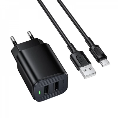 Home Charger 2.1A 2U USB C Cable (1m) Borofone BAS81A — Black