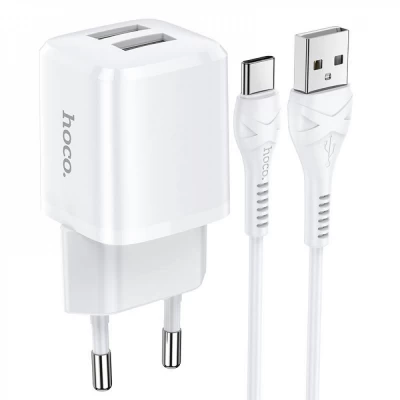 Home Charger 2.4A 2U USB C Cable (1m) Hoco N8 — White