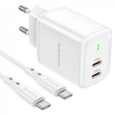 Home Charger 35W 2 PD3.0 C to C Cable (1m) Borofone BN9 — White Home Charger 35W 2 PD3.0 C to C Cable (1m) Borofone BN9 — White