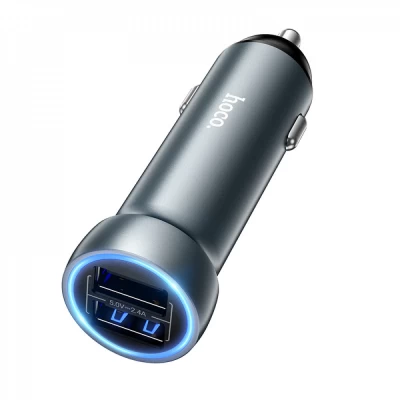 Car Charger | 17W | 2 USB — Hoco Z54 __ — Metal Grey