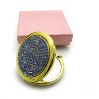 Зеркальце косметическое Стразы золото 18583 Синий(в коробке + чехольчик)