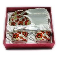 Сервиз фарфор (170 мл)(2C1043) 2 чашки + 2 блюдца  Маки (h-6,5 см,d-8,5см,блюдце 21х12 см)