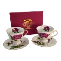 Сервиз фарфор (230 мл)(2ZE2086) 2 чашки +2 блюдца Цветок на белом фоне (h-8,5см., d-9см.)
