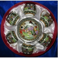 Сервиз круглый фарфор (110 мл)(6SCS89) 6 чашек+ 6 блюдец Зеленый(h-5,5см, d-5см,d блюдца 11 см)