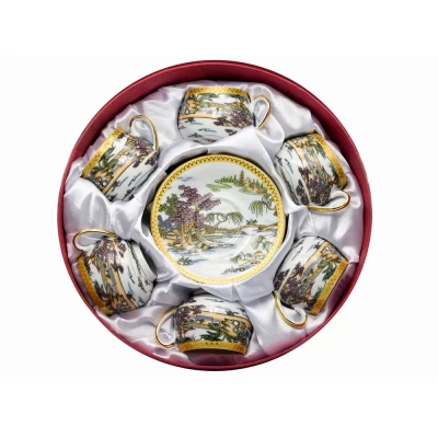 Сервиз круглый фарфор (110 мл)(6SCS95) 6 чашек+ 6 блюдец Пейзаж (h-5,5см, d-5см,d блюдца 11 см)