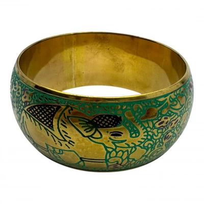 Браслет бронзовый с эмалью и гравировкой Слоны зеленый (d-7,8 ; 6,5. h-3 см)