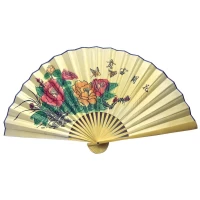 Веер бамбук с шелком Пионы на светло-желтом фоне