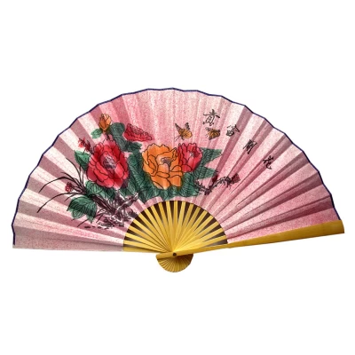 Веер бамбук с шелком Пионы на розовом фоне Веер бамбук с шелком Пионы на розовом фоне