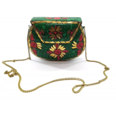 Сумочка бронзовая с кораллами и бирюзой зеленая(16х12х5,5 см)