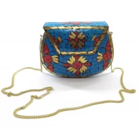 Сумочка бронзовая с кораллами и бирюзой синяя (16х12х5,5 см)