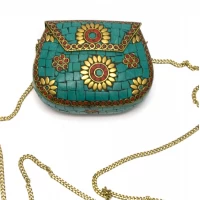 Сумочка бронзовая с кораллами и бирюзой зеленая (13.5х10х5 см)