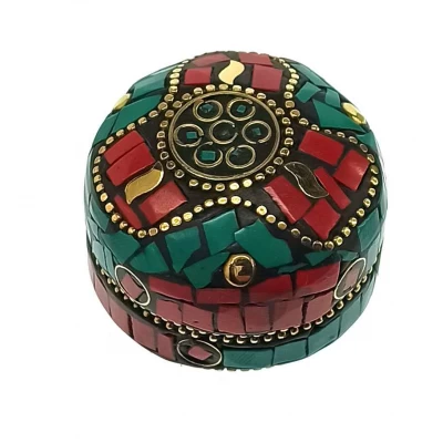 Шкатулка металическая с  кораллами и бирюзой (d-4.5 см h-2 см)