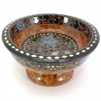 Конфетница из цельного дерева  инкрустированная перламутром (d-19.5 см h-10 см)