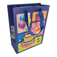 Пакет подарочный картонный с аппликацией Happy Birthday синий (18х23х8 см)