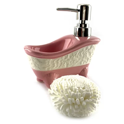 Диспенсер для мыла с мочалкой Ванна розовый(14х14х7 см)